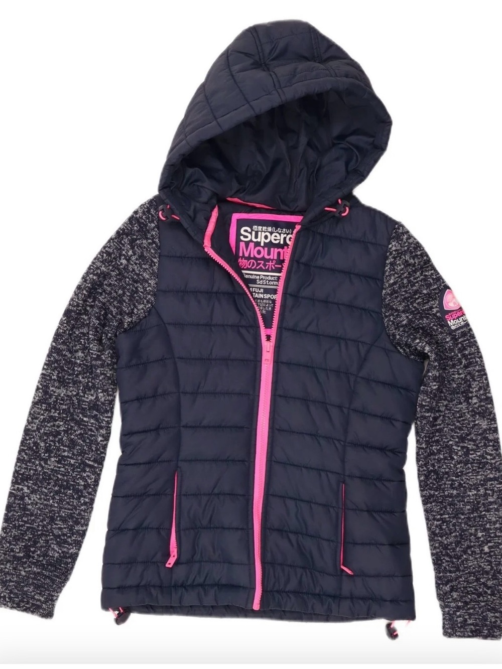 Superdry Kids Navy Quilted Hooded Jacket with Pink Trim